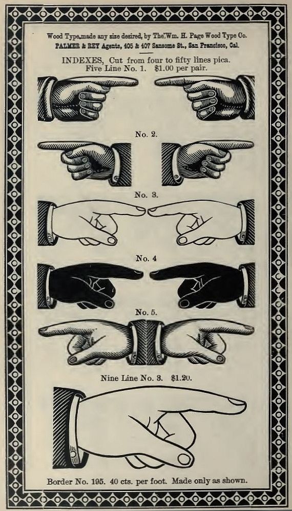 Maniculae aus Palmer & Rey’s 1887 in San Francisco aufgelegtem „Third revised specimen book and price list of printing material“