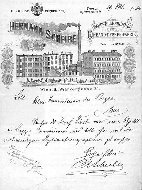 Briefpapier der Firma Hermann Scheibe mit dem Fabriksensemble in der Marxergasse am Briefkopf nach einer Lithografie von Eduard Steger