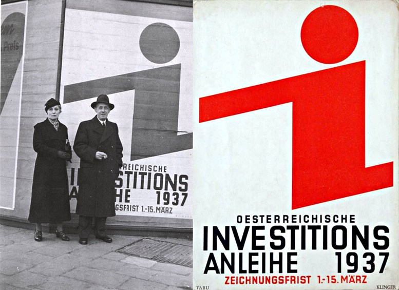 Links: Foto des Ehepaares Klinger, 1937, © MAK / Rechts: Plakat „Österreichische Investitionsanleihe 1937“